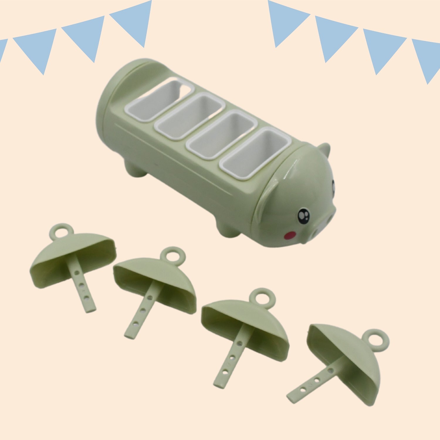 Pig-shaped ice candy mold with four cups for making sicles. Pig-shaped ice candy mold with four cups for making sicles.